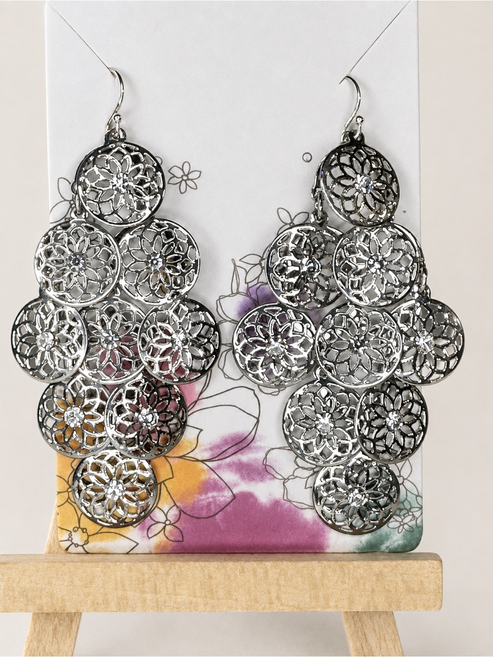 Silver-Tone Floral Filigree Chandelier Earrings with Rhinestones